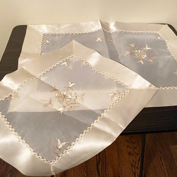 2 Vtg Table Doilies Satin Sheer Gold Embroidery - Picture 1 of 8